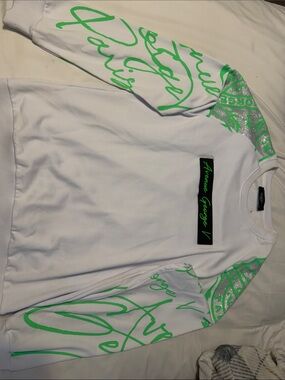 Avenue White Long-Sleeve Sweatshirt with Neon Green Script